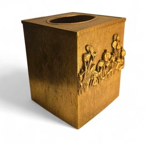 Vintage Brass-Tone Floral Tissue Box Cover – Raised Iris Design – Mid-Century St